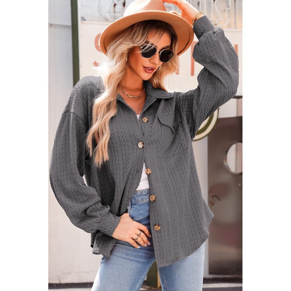 Women's Cable Knit Shacket Light Weight Button Down Long Sleeve Casual Oversized - Picture 5 of 5